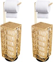 2 Pack Free Standing Toilet Paper Holder with Shelf, Bathroom Floor Toilet Tissue Holder Stand Handwoven Bath Pedestal Square Toilet Paper Roll Holder Storage Organizer Basket Rack Dispenser