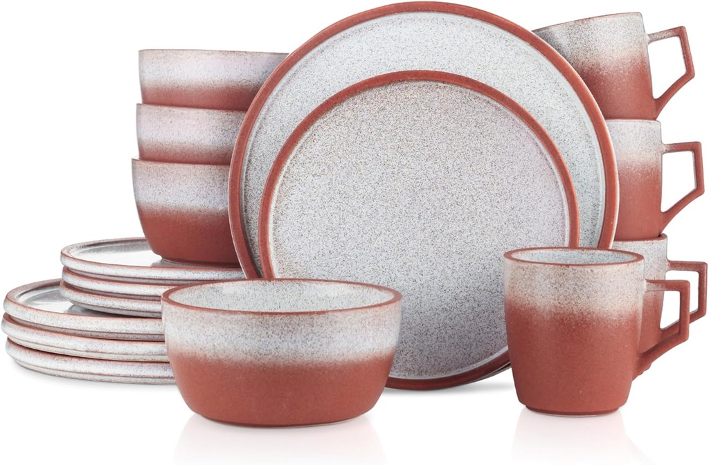Stone Lain Vince Rustic Stoneware Reactive Glaze Dinnerware Set, 16 Piece Service for 4, Red