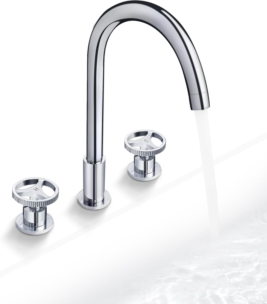 SKOWLL Polished Chrome Widespread Bathroom Faucet, 2 Gear Handle Deck Mount Bath Tub High are Swivel Spout Modern Vanity Sink Faucet for 3 Hole