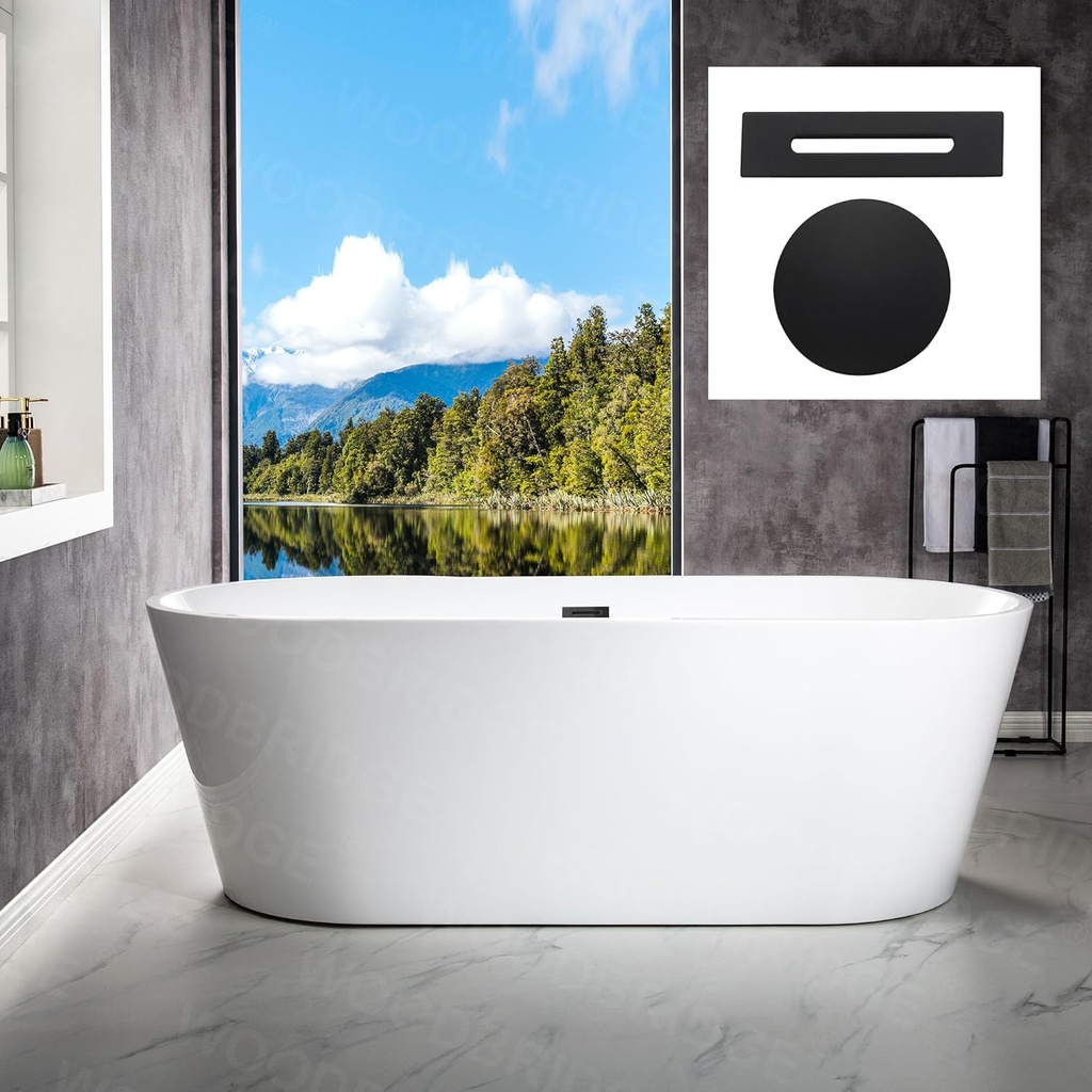 WOODBRIDGE 71" Acrylic Freestanding Bathtub Contemporary Soaking White Tub with Matte Black Overflow and Drain,White,B1701 MB