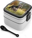 Schnauzer Dog on The Grass Bento Box, Reusable Double Layer Lunch Box with Handle & Dividers, 1000ml Leakproof Lunch Container for Office, Picnic, Travel