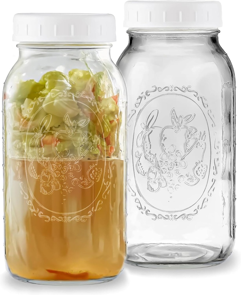 Wide Mouth Mason Jars 64 oz - (2 Pack) - Wide Mouth 64-Ounces Half Gallon Mason Jars with White M.E.M Food Storage Plastic Lid. For Storage, Pickling, Leak Proof, Microwave & Diswasher Safe