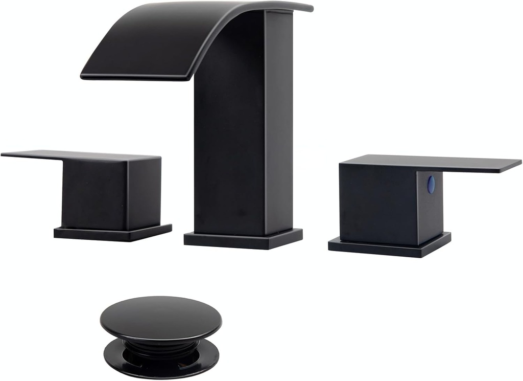 Besdor Matte Black Waterfall Bathroom Faucet 3 Hole, 8 Inch Widespread Bathroom Faucet Set, 2 Handle Restroom Vanity Faucet for Bathroom Sink with Pop Up Drain and Supply Lines, 304 Stainless Steel