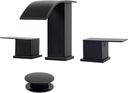 Besdor Matte Black Waterfall Bathroom Faucet 3 Hole, 8 Inch Widespread Bathroom Faucet Set, 2 Handle Restroom Vanity Faucet for Bathroom Sink with Pop Up Drain and Supply Lines, 304 Stainless Steel