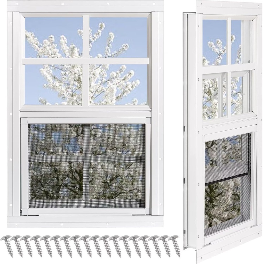 Shed Windows 2 Pack, Chicken Coop Windows 24" x 36" with Tempered Glass and Fiberglass Screen, Flush Mounted Small Window for Shed, Barns, Playhouse, Household, Garage (White)