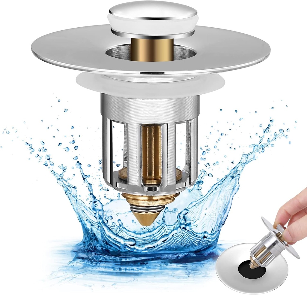 Universal 2 in 1 Bathroom Sink Stopper, Pop Up Bathroom Sink Drain Strainer with Anti-Clogging Filter Basket, for 1.02-1.96 in Basin Drain Holes