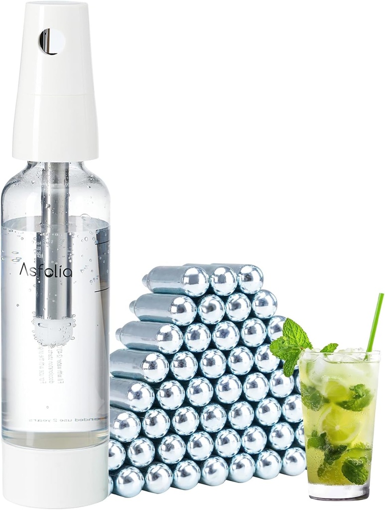 Portable Sparkling Water Maker - Travel Soda Maker for Home & Outdoor, 1L Carbonating Bottle, 60 pcs CO2 Cylinders, Compact Carbonated Water Machine for Flavored Drinks, Soda Machine (White)