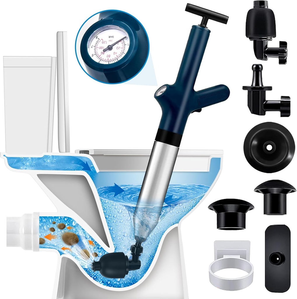 High Pressure Toilet Plunge, Power Toilet Plunger Drain Clog Remover, Multi-Drain Unclogger For Toilets, Bathroom, Sink, Floor & Kitchen Clogs, Stainless Steel Design With Real-Time Pressure Gauge