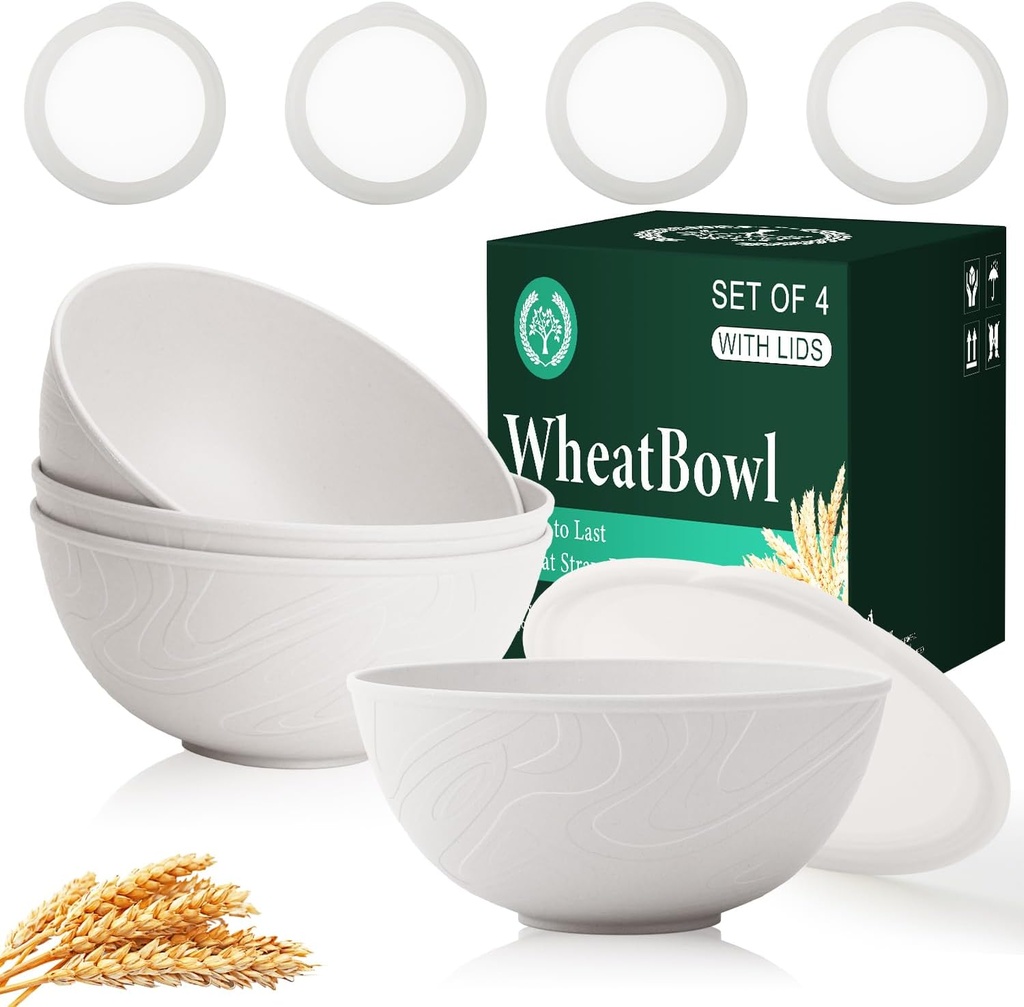 Homienly Wheat Straw Cereal Bowls with Lids, Unbreakable Plastic Bowls Set of 4, Microwave and Dishwasher Safe Food Storage Container for Lunch, Soup, Ramen, 40 OZ Bowls with Curved Texture, White
