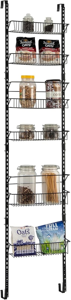 COSTWAY Over the Door Pantry Organizer Rack, 6 Basket Spice Rack with Adjustable Door Hook, Anti-tipping Bars, Hanging or Wall Mounting, Adjustable Storage Door Shelf for Kitchen, Bathroom, Closet