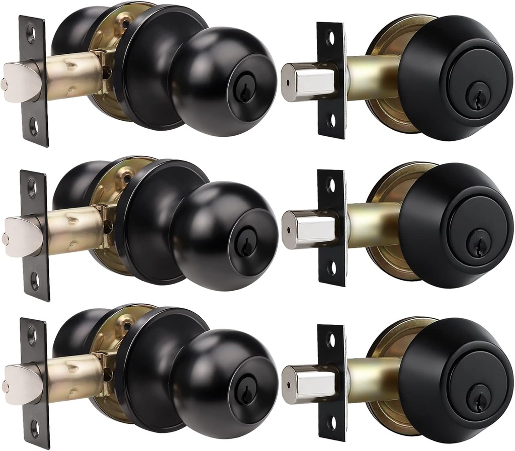 Probrico Keyed Alike Entry Door Knob and Single Cylinder Deadbolt Combo Sets, Exterior Door Knob with Lock and Key for Entrance and Front Door, Same Key, Black Finished, 3 Pack Set