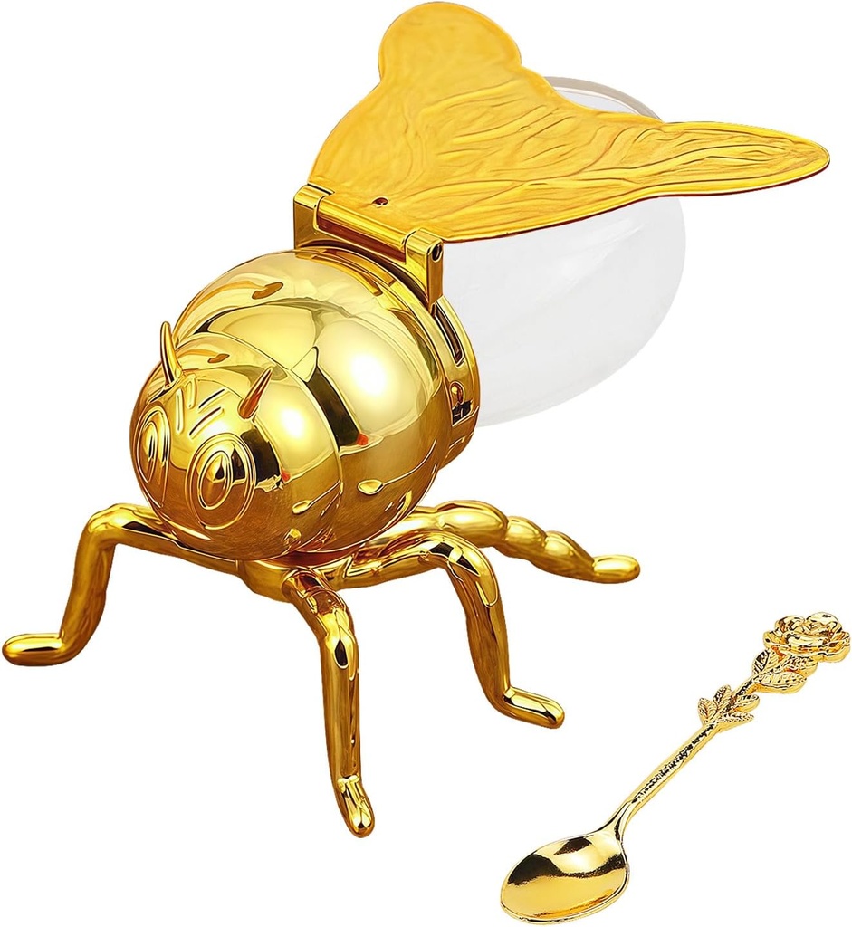 Bee-Shaped Glass Honey Jar - Honey Pot with Spoon, Elegant Syrup Dispenser&Sugar Bowl - Decorative Kitchen Storage for Honey, Coffee, Condiments