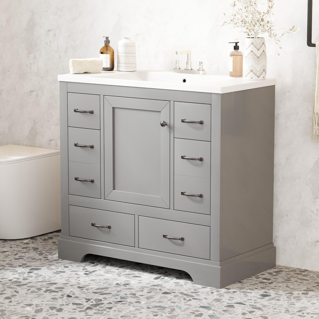 Merax 36" Vanity Bathroom Cabinet with Sink Top, Six Multi-Functional Drawers, Adjustable Shelf, Soft-Closing Door, Grey