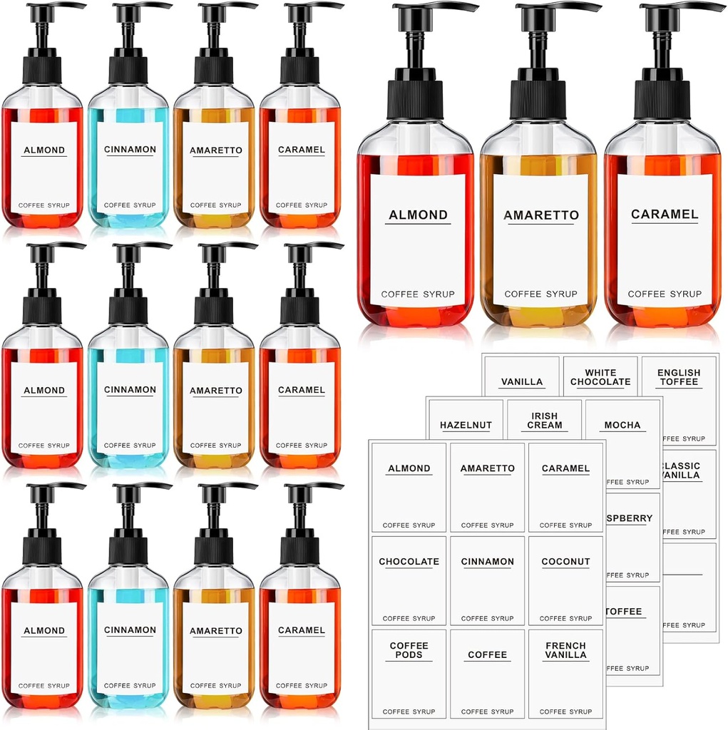 Mumufy Set of 12 Coffee Syrup Dispenser PET Syrup Pump Bottle Black Plastic Container with 27 Labels for Kitchen Restaurant Home Bar Accessories Organization(7 oz)