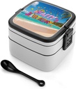 Happy Birthday on The Beach Bento Box Leak-Proof Double Layered Lunch Containers with Spoons And Invisible Handle, Portable Lunch Boxes for Work Picnic Travel