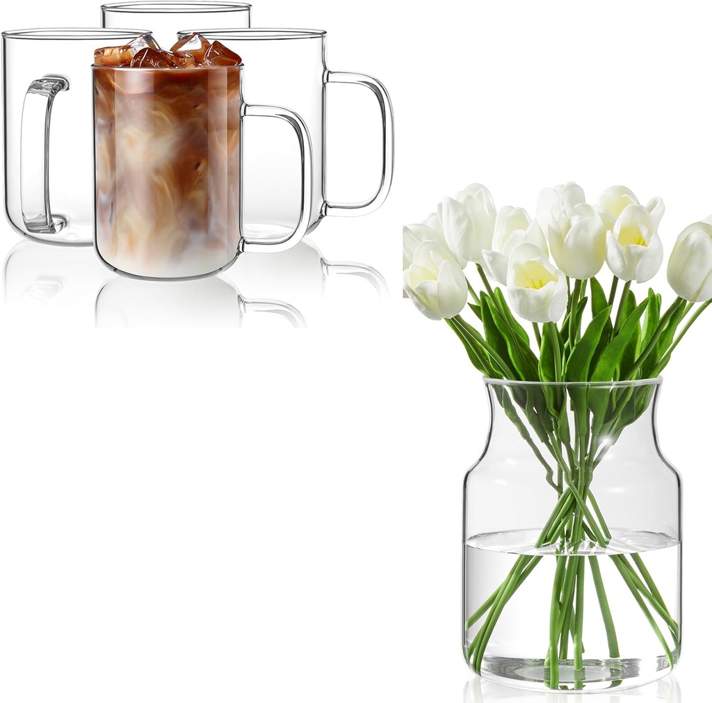 Glass Coffee Mugs, 20 oz Ice Coffee Cups Set of 4&Clear Glass Vase, Large Flower Vase