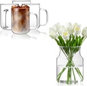 Glass Coffee Mugs, 20 oz Ice Coffee Cups Set of 4&Clear Glass Vase, Large Flower Vase