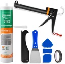 Caulk Gun Kit, White Silicone Sealant + Caulk Gun + Caulking Tool Kit - All-Purpose 100% Silicone Caulk (10 oz Tube), with Caulk Gun, Smoothing Tool, Scraping Tool and Masking Tape