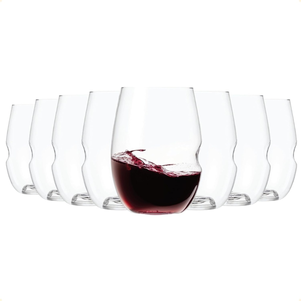 Unbreakable Stemless Wine Glass – Set of 8, 16oz, Dishwasher Safe, BPA-free Tritan, Clear Stemless Red Wine Glasses, Shatterproof for Indoor, Outdoor, Everyday Use. Reusable, Made in the USA