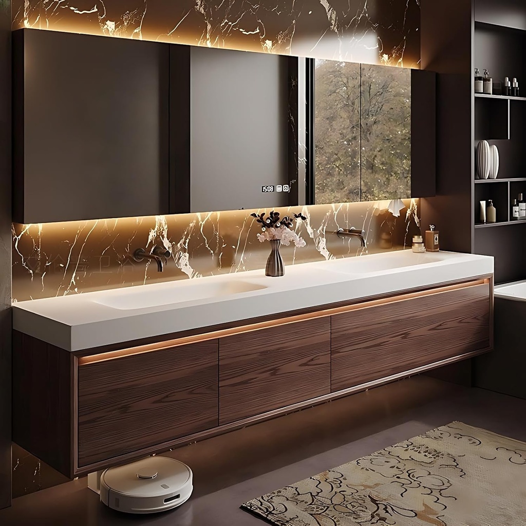 Bathroom Vanity with Sink - Luxury Double Sink Bathroom Vanities, Floating Vanity with Smart Defog Mirror, Multi-Layer Thick Solid Wood Material - Complete Accessories (White, 96")