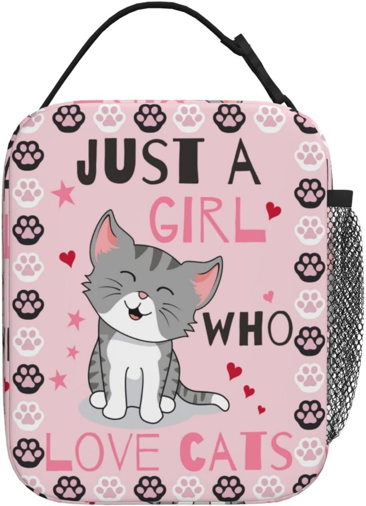 Cute Cat Lunch Bag Large Capacity Heat Insulated Lunch Box Leakproof Durable Portable Reusable Handbags Thermal Cooler Tote Bag, Just A Girl Who Loves Cats (One Size, White)