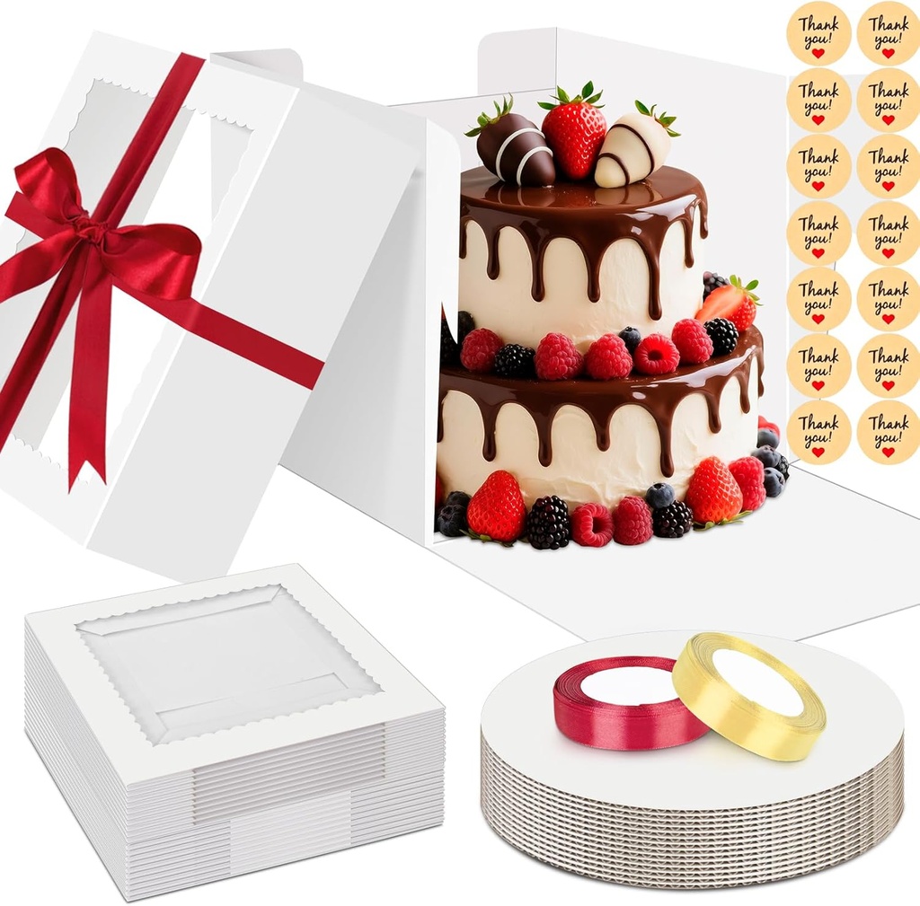 Sudaya 12x12x10 Cake Boxes with Window, Cake Boxes 12 inch with Tall Cakes Box Ribbon Sticker, 12in Disposable Carry Bakery Containers Cajas Para Pasteles for Pies Party Wedding Gift Giving