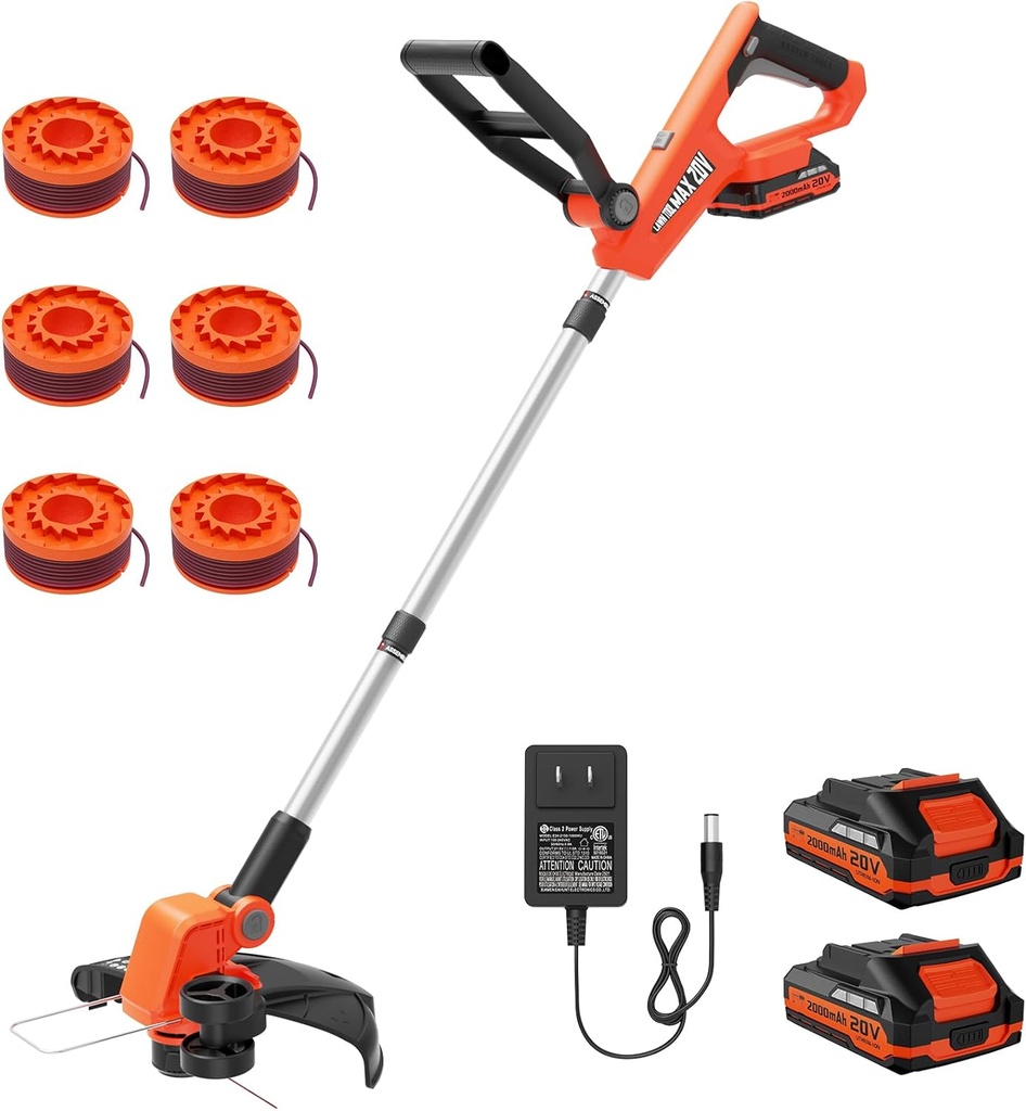 VARSK 20V String Trimmer Cordless, 12 Inch 2 in 1 Trimmer and Edger, Automatic Line Feed, Includes 2 X 2.0Ah Batteries/1 X Fast Charger/6 X Spare Spools, for Lawn, Garden, etc, Orange