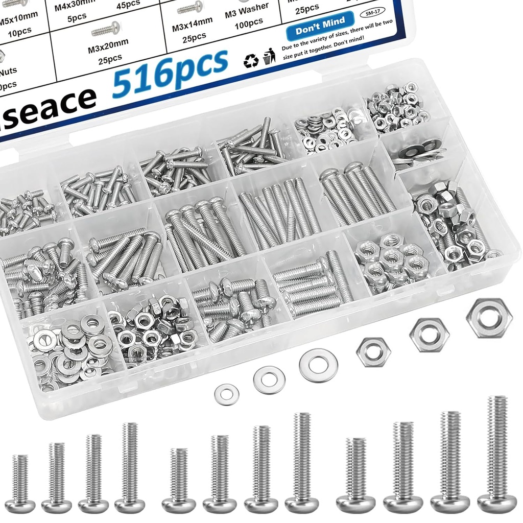 smseace 516Pcs Nuts and Bolts Assortment Kit 21-Sizes M3/M4/M5/M6 Nut Bolt Washer Assortment Kit for Machinery, Furniture, Automotive, Motorcycle Repairs
