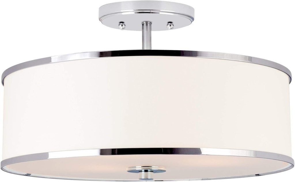 Kira Home Chloe 15" Retro Modern 3-Light Semi-Flush Mount Ceiling Light + White Drum Shade, LED Compatible, Round Tempered Glass Diffuser, Chrome Trim Finish