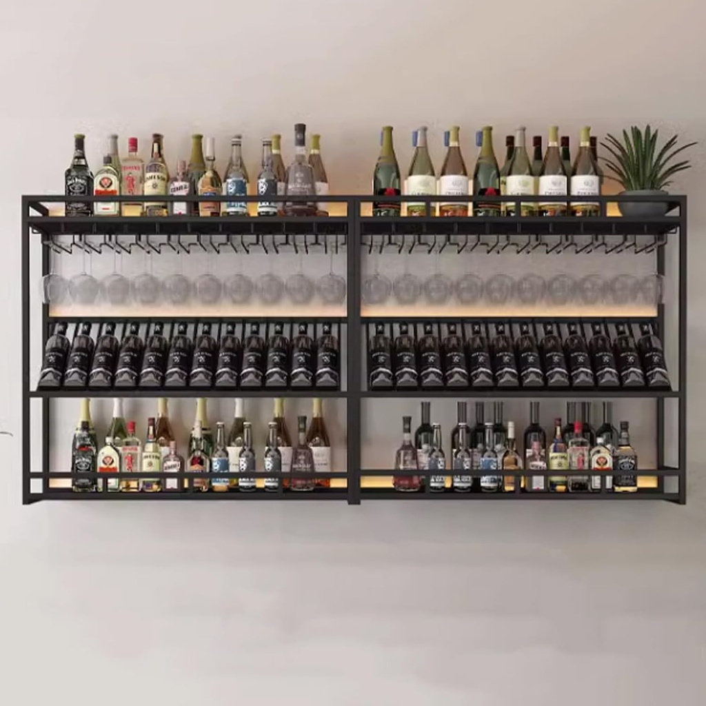 Metal Wall Wine Rack with LED Light,Wall Mounted Shelves with Wine Glass Holder,Bar Floating Wall Shelves,Liquor Bottle Display Shelf,Wine Storage Racks,for Kitchen Wine Cellar,GOL