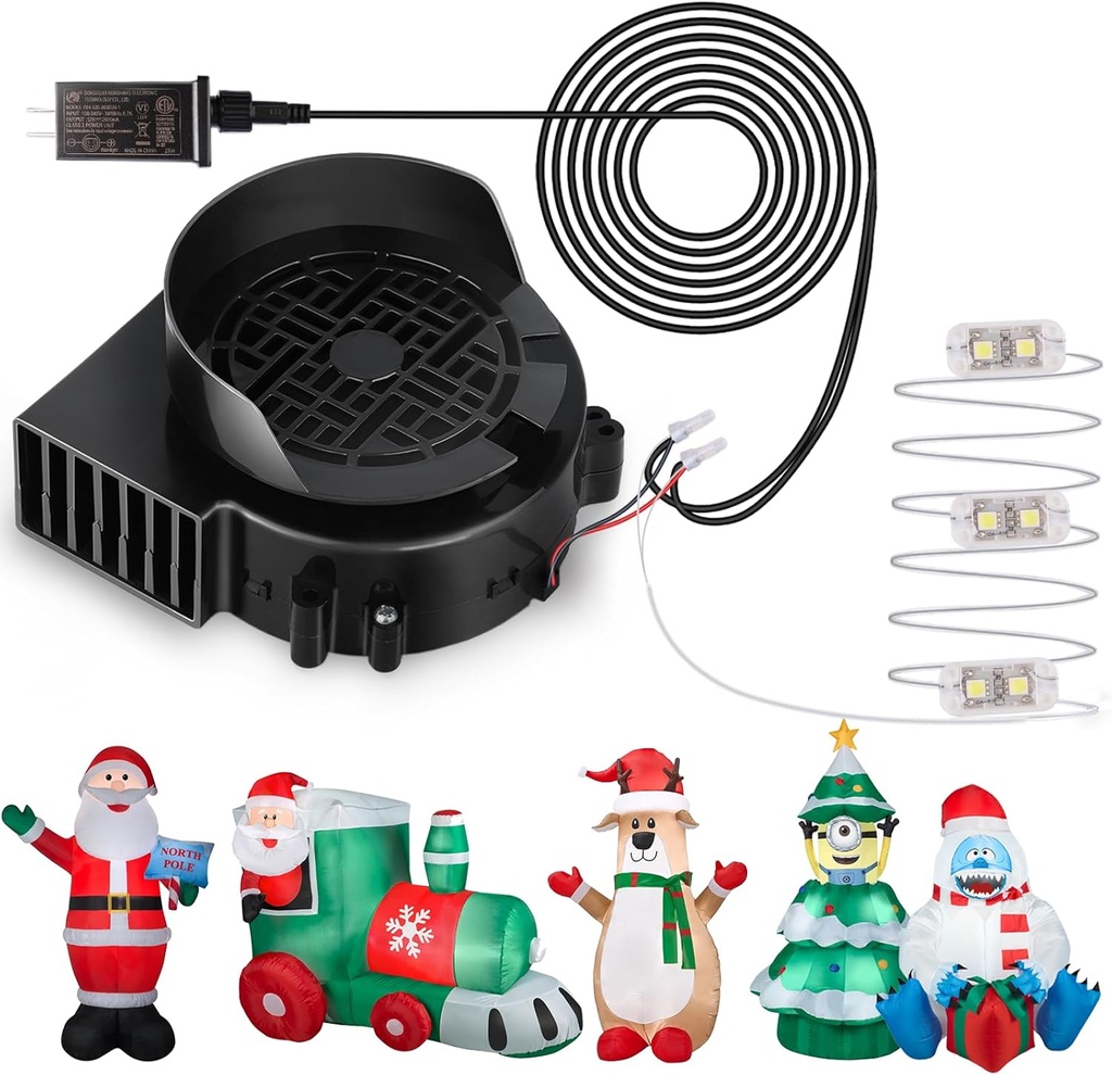 Air Blower Fan for Inflatables, 12V 0.8A Mini Airup Replacement Blower Fan with 1.0A Adapter and 3 LEDs Bulbs Light for Halloween and Christmas Inflatables (IP68 Waterproof, 4500RPM, 3.8 * 3.8'')