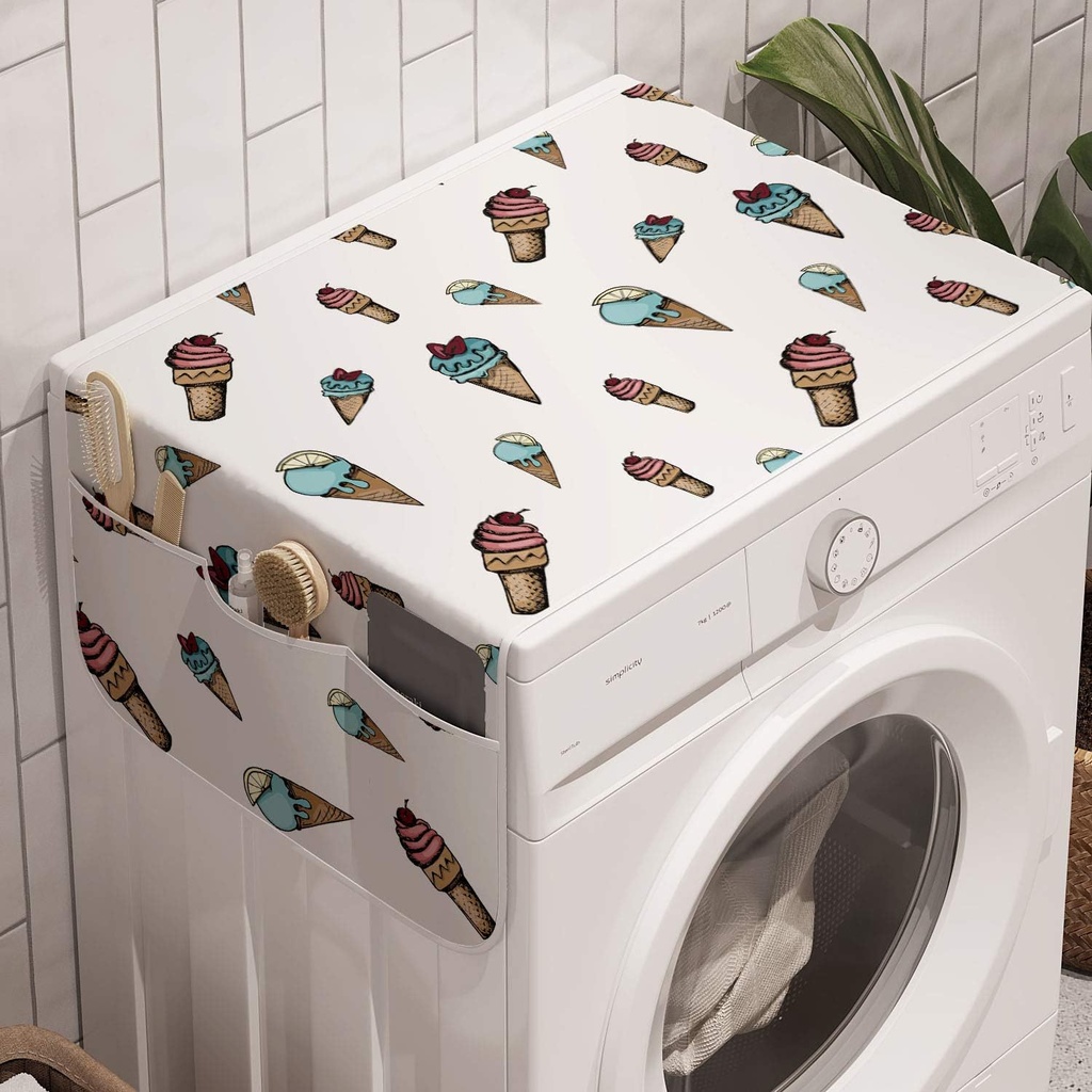 Lunarable Brown and Blue Washing Machine Organizer, Cartoon Style Ice Cream Cones with Cherries and Lemons on Top, Anti-slip Fabric Cover for Washers and Dryers, 47" x 18.5", Cadet Blue Multicolor