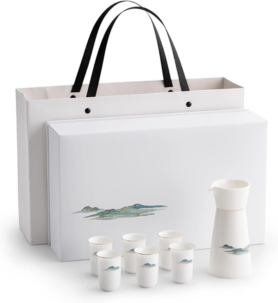 Sake Cup Set*7 Pieces Sake Set, Traditional Retro Chinese Landscape Painting Patterns Ceramic Sake Cups Set, Elegant Design Best Gift for Family and Friends, with 6 Sake Cups, 1 Sake Pot Mugs