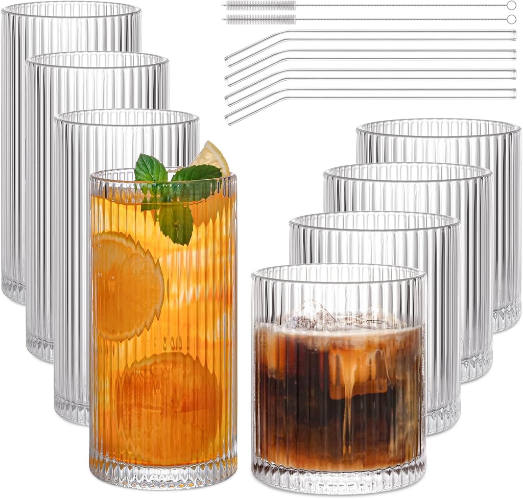 Set of 8 Vintage Ribbed Glassware,4 Highball Glasses 12 oz,4 Rocks Drinking Glasses 14 oz,Ribbed Cocktail Glass Cup,Used for Whiskey,Ice Coffee Cup,Juice,Smoothies,Mixed Drinkware