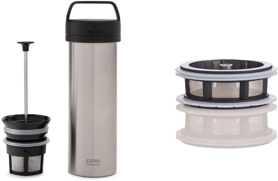 ESPRO P0 Ultralight Double Walled Stainless Steel Vacuum Insulated Coffee French Press + Tea Micro-Filter, 16 Ounce, Brushed Stainless Steel