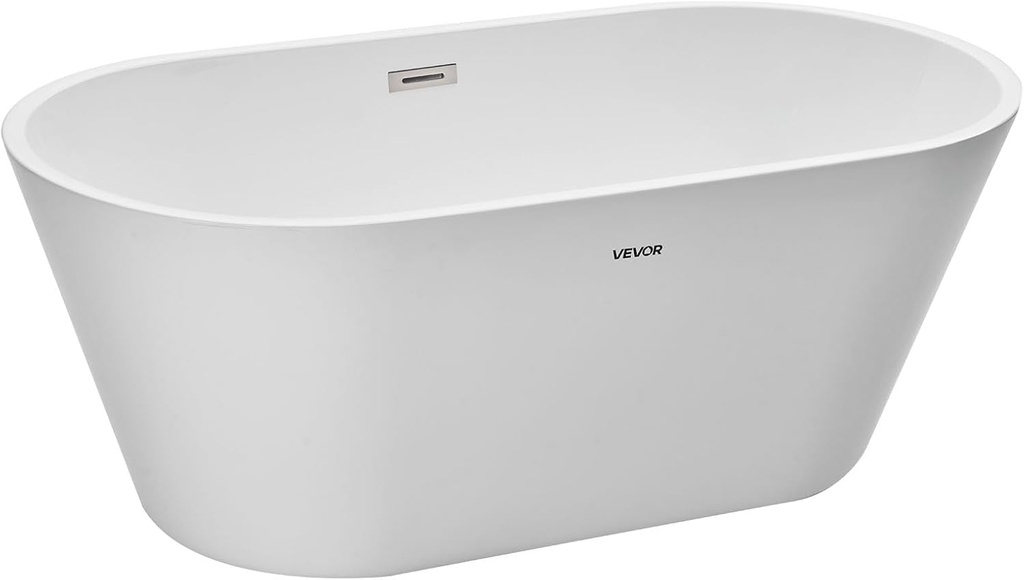 VEVOR Acrylic Freestanding Bathtub, 59 Inch Contemporary Soaking White Tub with Brushed Nickel Overflow and Drain, Elegant Oval Shape Stand Alone Soaker Tub for Modern Bathroom or Remodel Projects