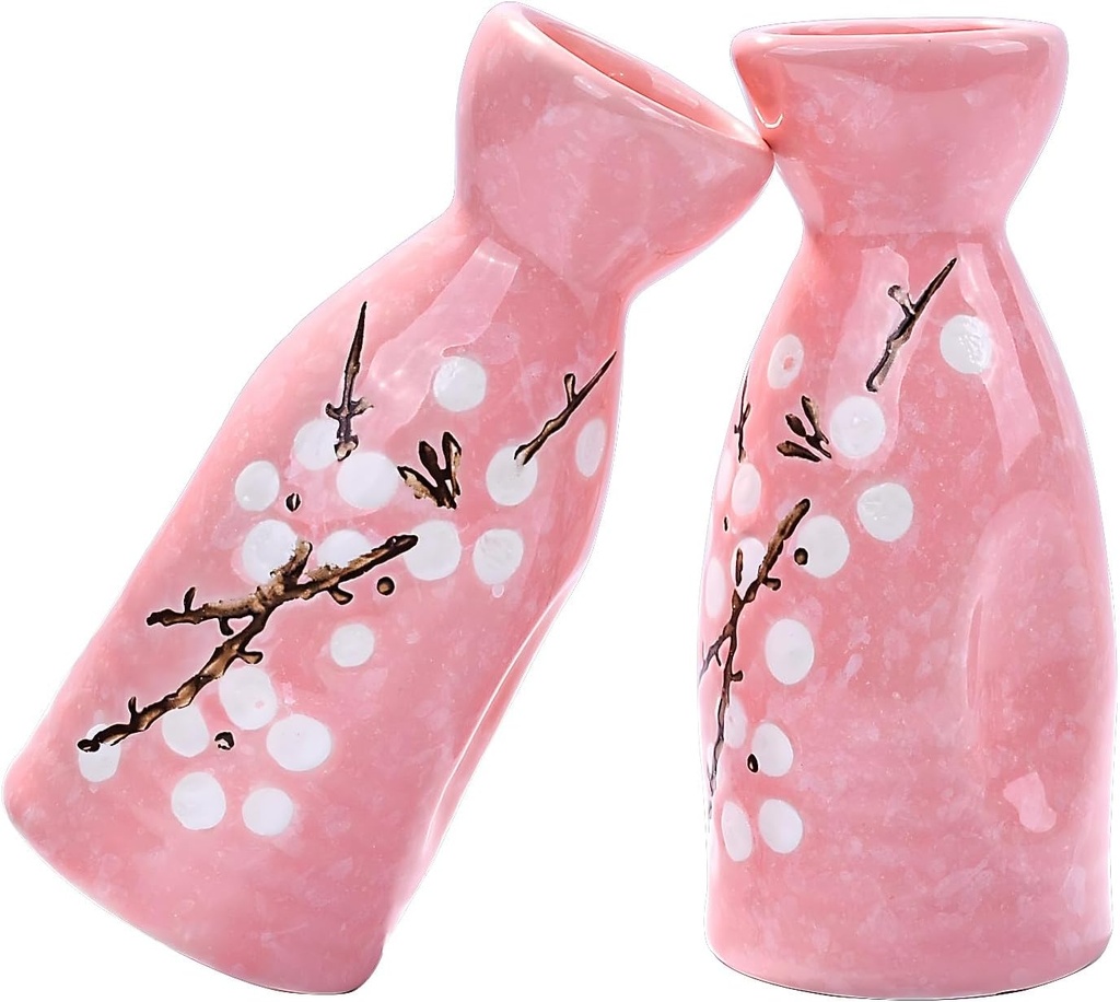 Japanese Sake Bottle Set of 2, Pink Porcelain Saki Pot