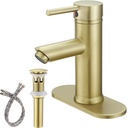 Brushed Gold Bathroom Sink Faucet Farmhouse Bathroom Faucets Single Handle One Hole Bathroom Vanity Sink Faucet with Cover Plate and Pop Up Drain, Brass