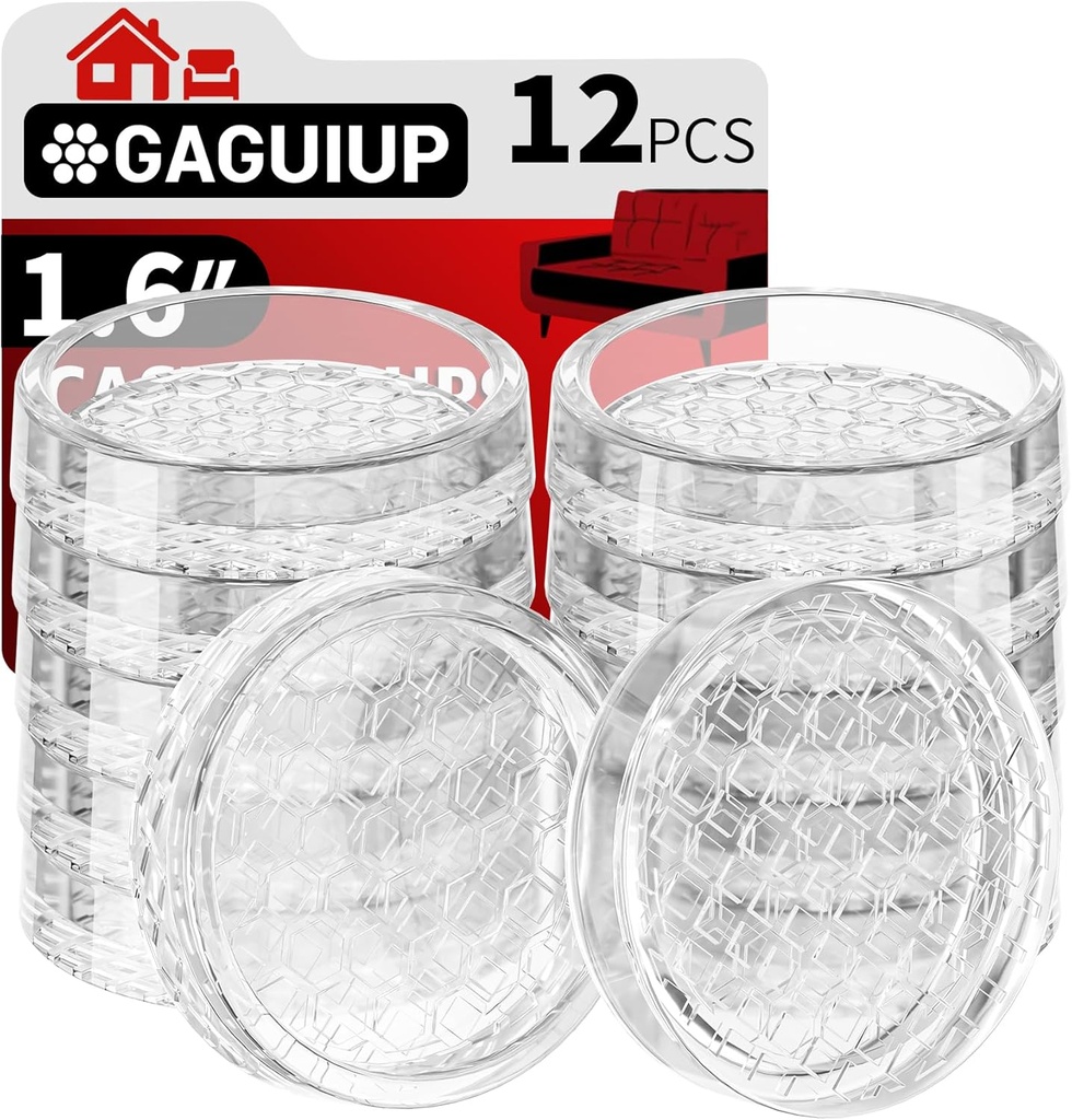 1.6"x1.6" Round Rubber Furniture Caster Cups, 12 PCS Chair Coasters for Carpet - Clear Non Slip Furniture Pads with Grip, Carpet Protector for Furniture Legs - Protect Any Flooring