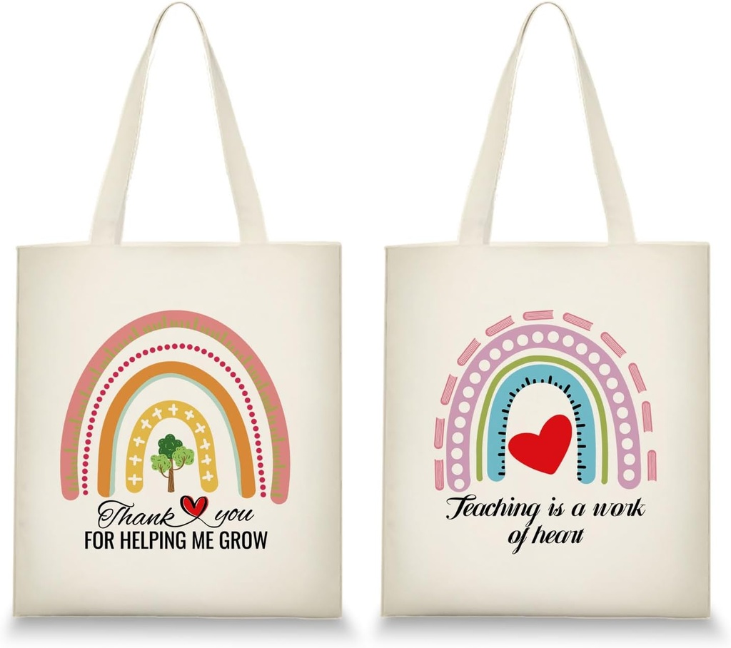 Teacher Appreciation Gifts for Women Teacher Canvas Tote Bag End of Year Teacher Bags Reusable Rainbow Tote Bag for Christmas Birthday Valentines Thank you Teacher Bags 2 Pcs