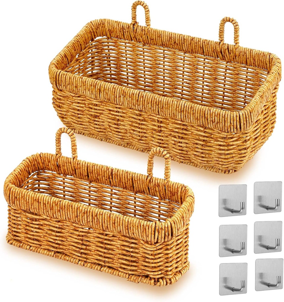 2 pack Wall Hanging Baskets for Storage Square Woven Hanging Basket with Hangers Boho Style Hanging Storage Basket for Home Decor Bathroom Kitchen