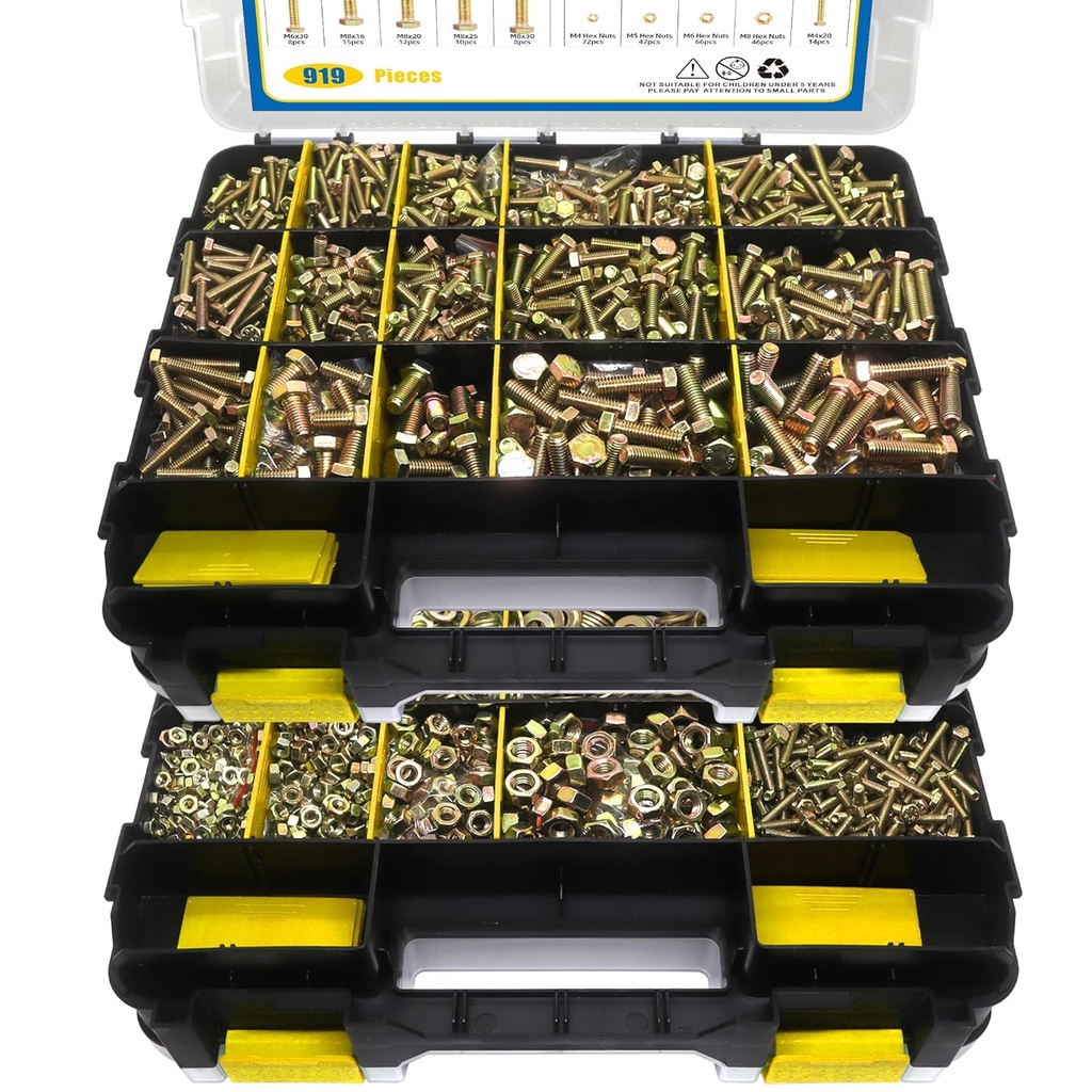 919 Pcs Grade 8.8 Metric Bolt Assortment, M4 M5 M6 M8 Heavy Duty Bolts and Nuts Kit, Yellow Zinc Plated, Length from 12-30mm (Yellow Box)