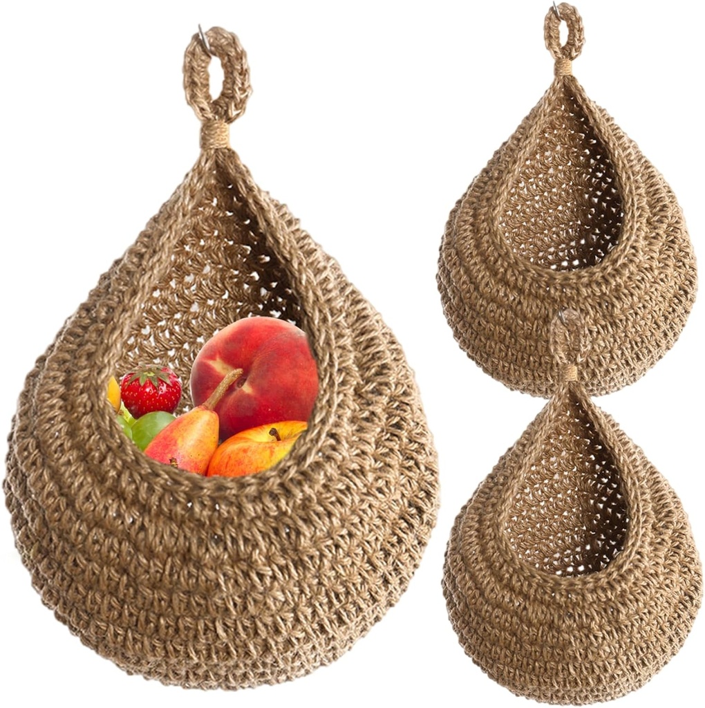 Hanging Basket, 3Pcs 7.5x9.8" Cotton & Linen Woven Hanging Storage Basket with Loop Storage Net Bag for Fruits, Vegetables in Kitchen.