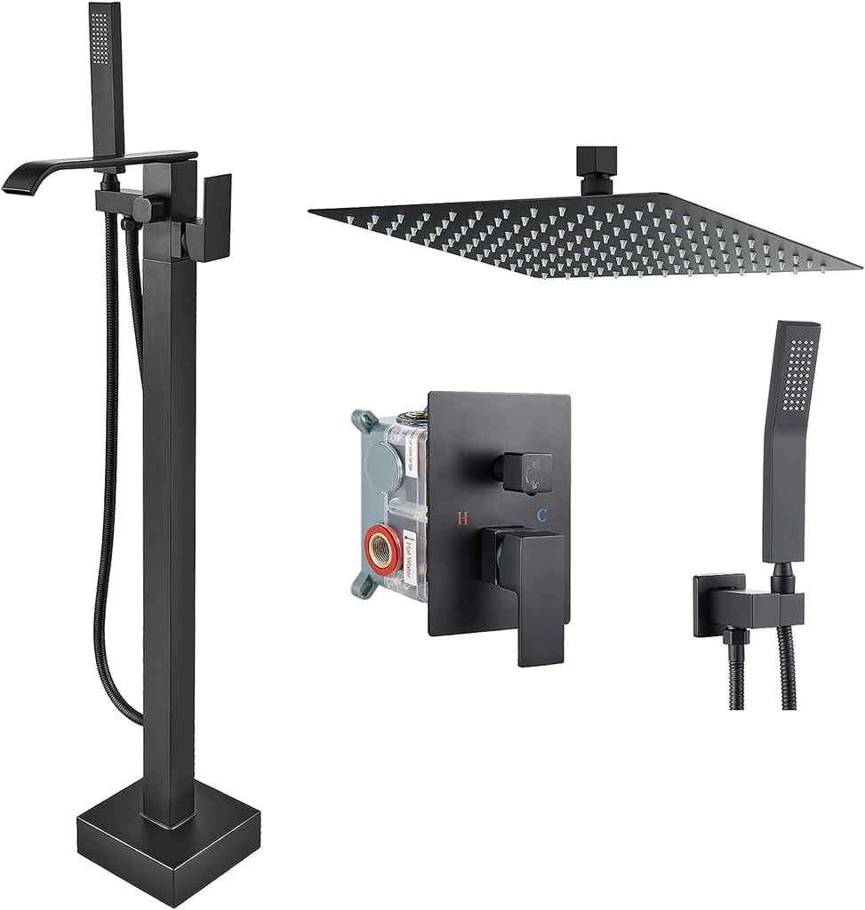 Aolemi Waterfall Black Freestanding Bathtub Faucet with Hand Shower Single Handle Aolemi Shower System Matte Black 10 Inch Rain Shower Head Ceiling Mount with Handheld Spray Rough-in Valve
