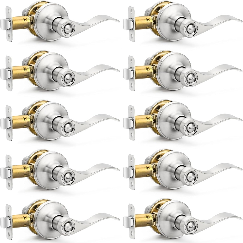 10 Pack Brushed Nickel Door Handles Privacy Door Levers, Heavy Duty Bed and Bath Door Locks Interior Door Knobs, Reversible Keyless Wave Lever Door Handles