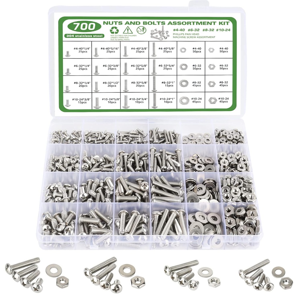 700 Pcs Screws Bolts and Nuts Assortment Kit, Metric Machine Screws and Nuts and Flat Washers, M3/M4/M5/M6 Cross Slotted Round Head Bolts Sets