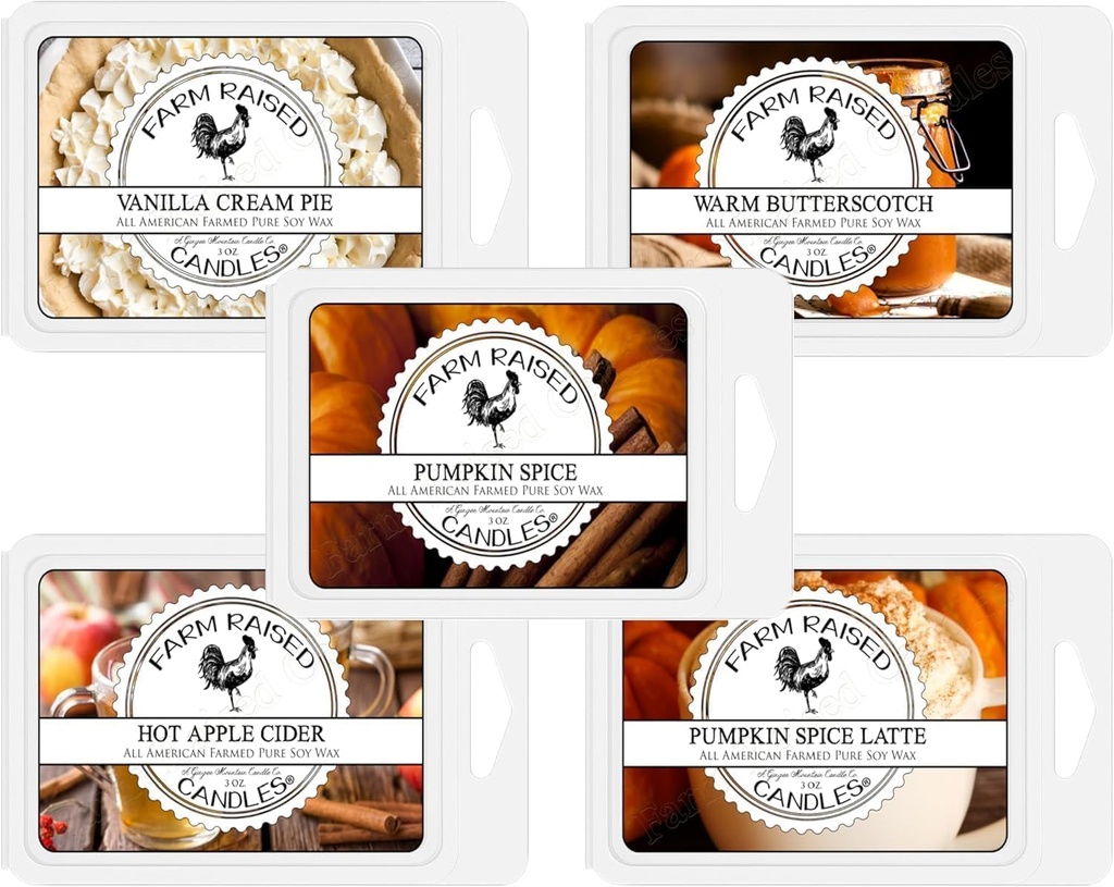 Farm Raised Candles Fall Soy Wax Melts - USA Made - Bakery 5-Pack: Pumpkin Spice, Pumpkin Spice Latte, Hot Apple Cider, Vanilla Cream Pie, Warm Butterscotch - 3oz Each - 16 Ounces Total