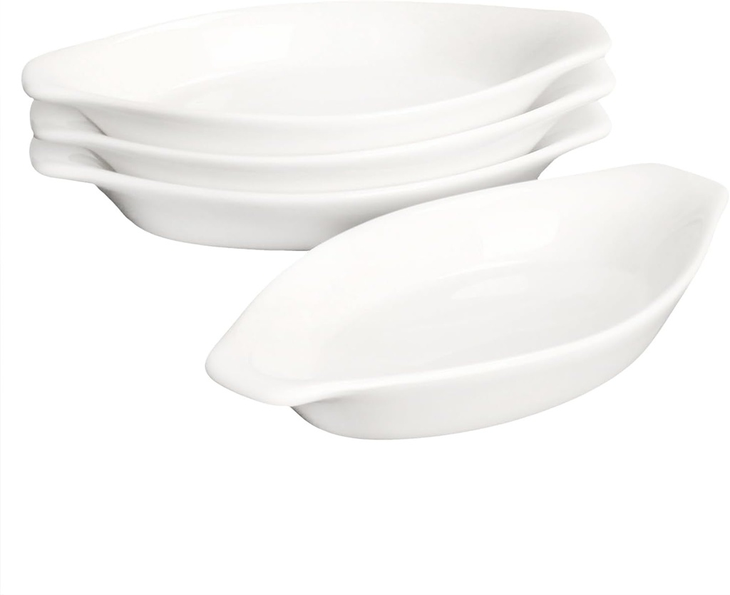 4" x 3"Ceramic Mini Oval Au Gratin Baking Dishes 3.5 oz, Set of 4 Banana Split Bowls,Oven and Microwave Safe, for 1 person servings, Bakeware with Handle(6.5 IN) for Kitchen and Home