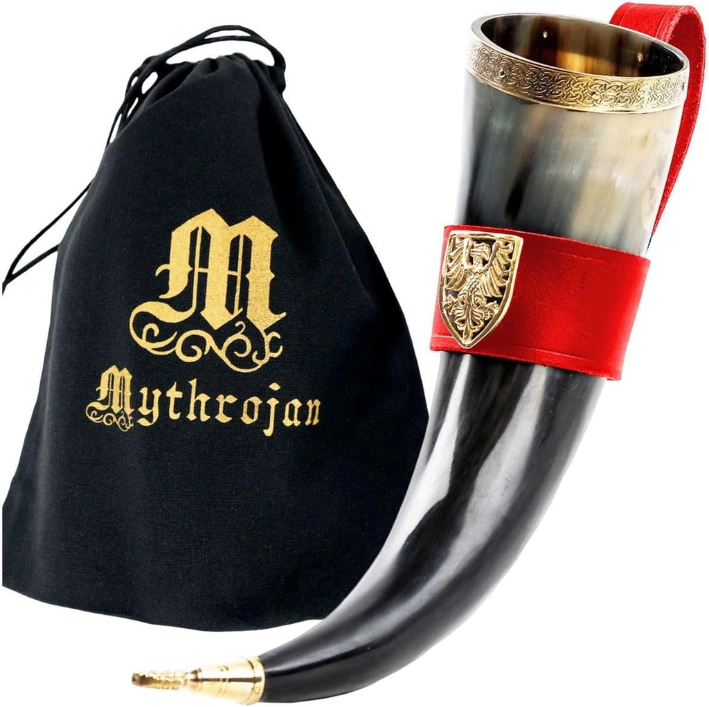 Mythrojan THE TOURNAMENT CHAMPION - Viking Drinking Horn with Red Leather holder Authentic Medieval Inspired Viking Wine/Mead Mug – Polished Finish