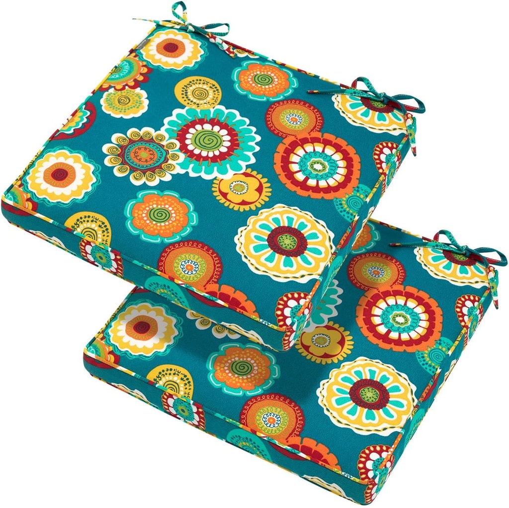 Magpie Fabrics Indoor Outdoor Waterproof Square Chair Cushion, 18" x 18" x 2.5", 2 Pack, Water Resistant Seat Cushions, for Patio Garden Office, Floral Green